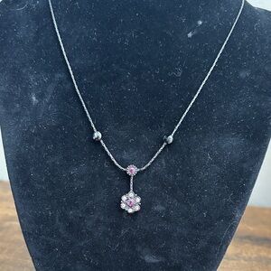 1928 Silver-Tone Necklace with Pink Floral Pendant